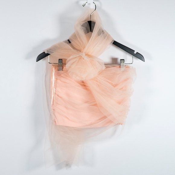 NEW MNG Tulle Chiffon Off The Shoulder Sleeveless Wrap Around Crop Top Tank Pink - Picture 1 of 4
